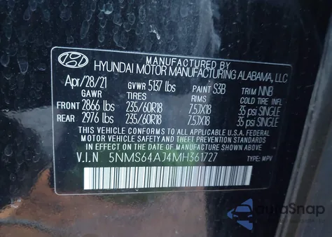 2021 Hyundai Santa Fe Sel z USA, uszkodzony, nr VIN 5NMS64AJ4MH361727